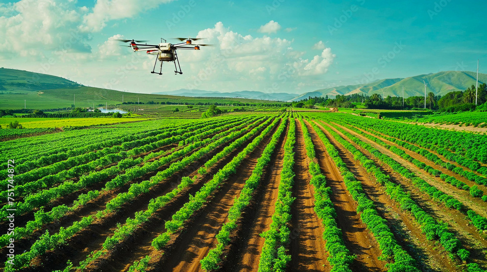 Drone technology is utilized in agriculture, seen here flying over symmetrical crop rows in a vast farm field under a blue sky