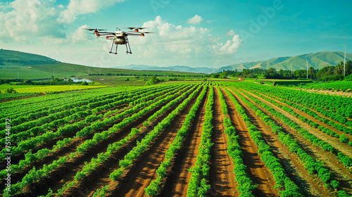 Drone technology is utilized in agriculture, seen here flying over symmetrical crop rows in a vast farm field under a blue sky