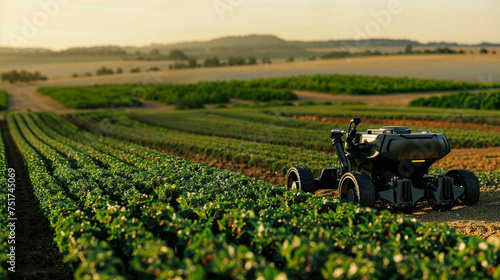 Smart farming concept with an autonomous robot for precision agriculture working on a modern farm at golden hour photo