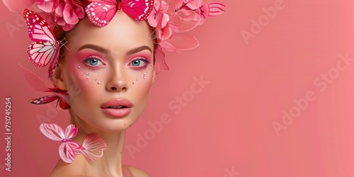 young woman with   butterflies close-up portrait pink background Generative AI © València