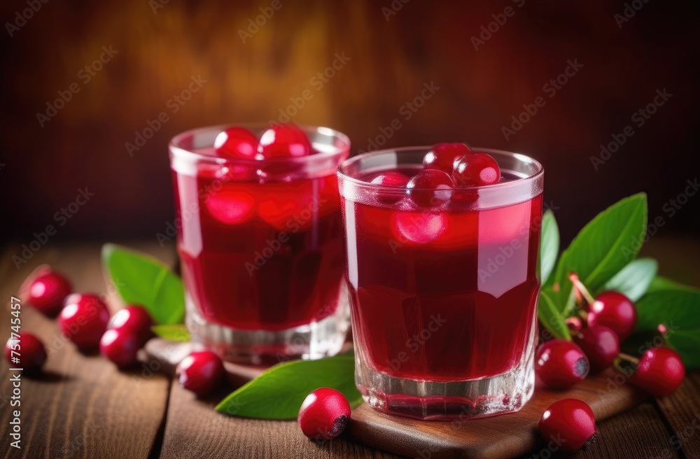 two glasses of Cranberry juice, lingonberry juice in a glass, summer refreshing drink, non-alcoholic berry cocktail two glasses of Cranberry juice, lingonberry juice in a glass, summer refreshing drink, non-alcoholic berry cocktail