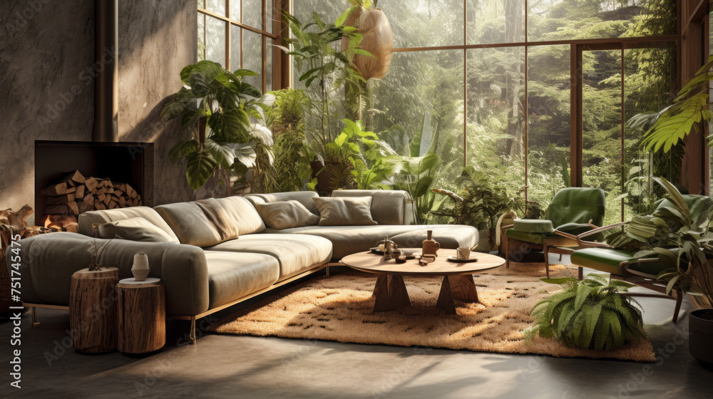 A unique living room with a Biophilic design, featuring earthy colors, natural textures, and an abundance of plants