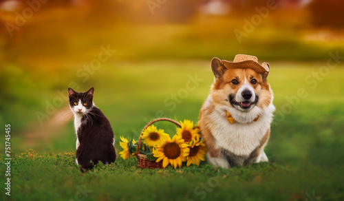 fluffy friends kitten and puppy are sitting on the lawn with a basket of yellow sunflowers