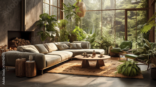 A unique living room with a Biophilic design  featuring earthy colors  natural textures  and an abundance of plants