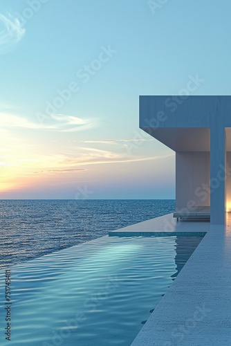 A tranquil scene of minimalist seaside architecture, illuminated softly, influenced by High-tech architectural principles