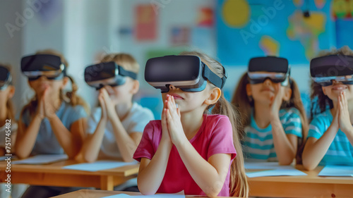 Children at school sit at school desks wearing virtual reality goggles. a new concept for teaching children using virtual reality. Generative AI