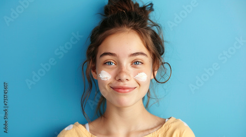 Cute young girl with white beauty cream on both left and right cheeks