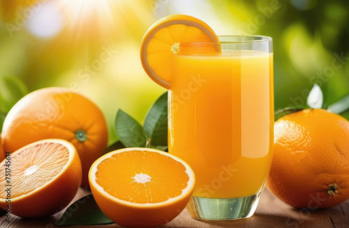 a glass of freshly squeezed juice on a wooden table, on the background of a plantation of orange trees to the horizon, an orange garden, branches of orange trees, a sunny day