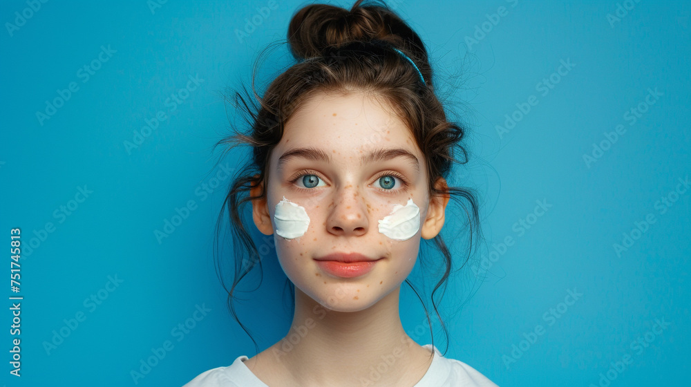 Cute young girl with white beauty cream on both left and right cheeks