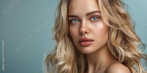 young woman blonde smooth skin and silky hair close-up portrait Generative AI