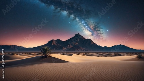 Landscape nature with starry night in desert, dark mountains sand surrealism nature