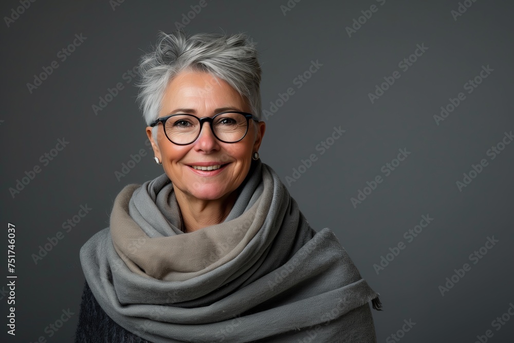 A woman with glasses and a scarf is smiling A woman with glasses and a scarf is smiling
