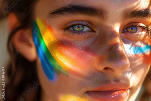 A woman with rainbow painted on her face