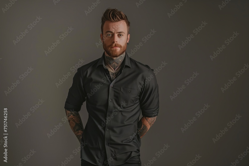 A man with a beard and tattoos stands in front of a gray background A man with a beard and tattoos stands in front of a gray background