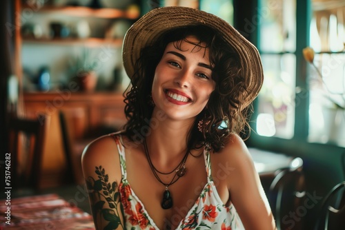 A woman with a big smile on her face is wearing a straw hat and a floral dress