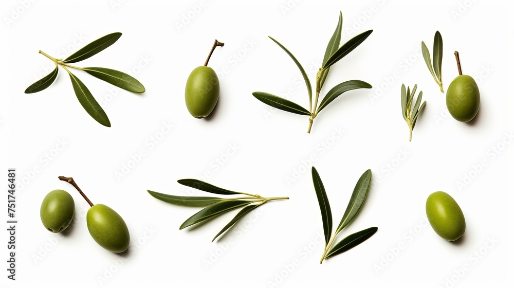 A series of photos featuring green olive branches, each isolated on a white background.