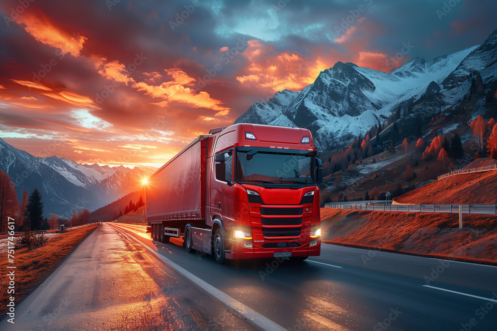 A red semi truck is driving down a mountain road at sunset, with the sky filled with colorful clouds and the asphalt covered in snow