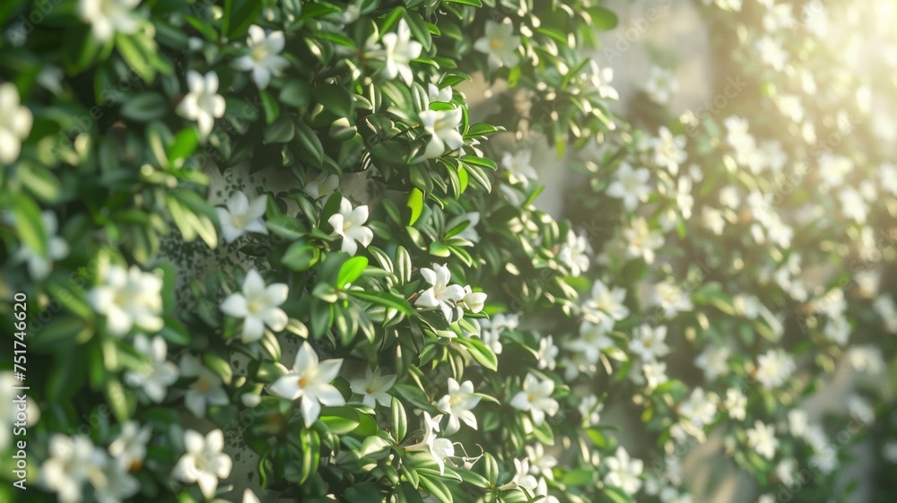 Green bushes of white jasmine on the wall

