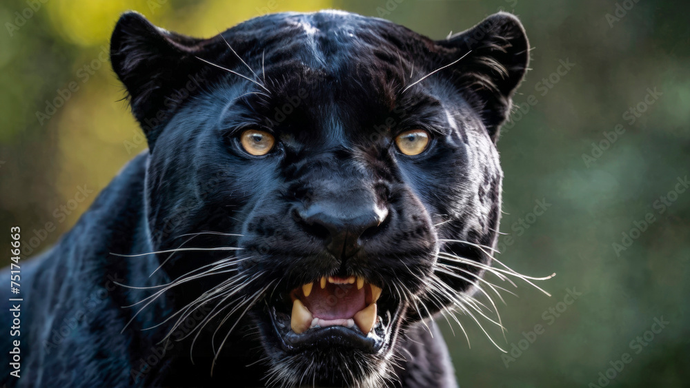 Head of the black growling panther in natural conditions, on a blurred background. Wild angry predator. An aggressive feline animal. Close-up. Head of the black growling panther in natural conditions, on a blurred background. Wild angry predator. An aggressive feline animal. Close-up.