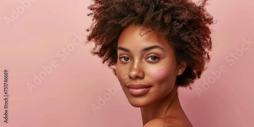 Afro American young woman with smooth skin and silky hair close-up portrait pink background Generative AI