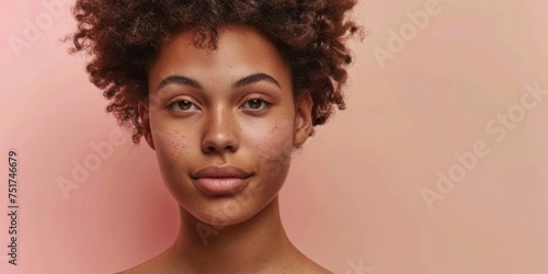 Afro American young woman with smooth skin and silky hair close-up portrait pink background Generative AI
