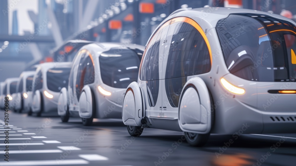 Obraz premium Sleek autonomous transportation pods line up in a bright, contemporary transit hub, ready to revolutionize urban travel with a focus on sustainability and efficiency