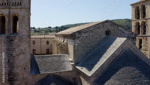 Drone shot of the ABBEY OF CAUNES-MINERVOIS in the south of France. French old architecture. photo
