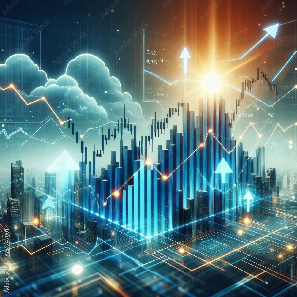 Naklejka premium Graphs and cloud computing icons converge above a city skyline, portraying the rise of cloud technology in business profitability