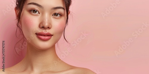 young Asian woman with smooth skin and silky hair close-up portrait pink background Generative AI