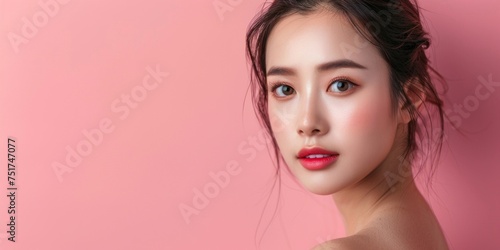 young Asian woman with smooth skin and silky hair close-up portrait pink background Generative AI