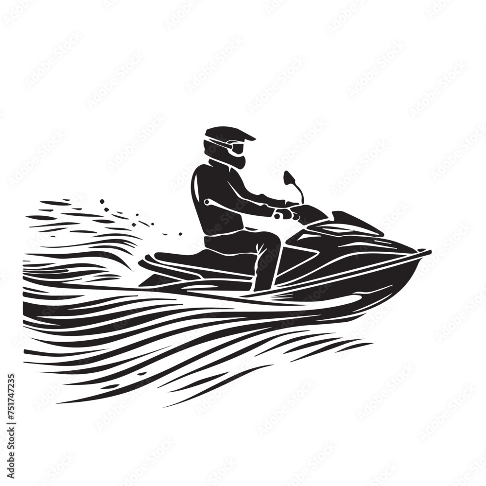 Jet ski in cartoon, doodle style . Image for t-shirt, web, mobile apps and ui. Isolated 2d vector illustration in logo, icon, sketch style, Eps 10, black and white. AI Generative