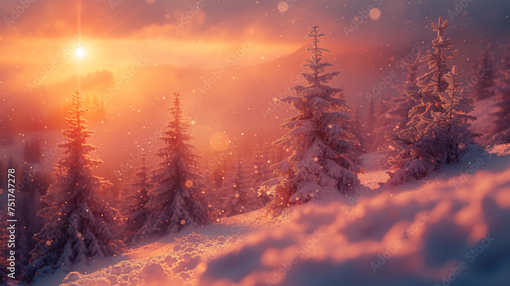 Snow covered trees in the mountains at sunset. Beautiful winter landscape. Winter forest. Creative toning effect. Snow covered trees in the mountains at sunset. Beautiful winter landscape. Winter forest. Creative toning effect.