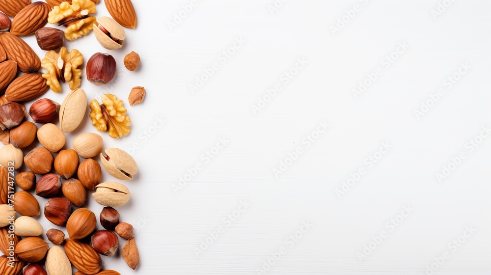 A variety of nuts including pecans, macadamia nuts, walnuts, almonds, and hazelnuts, with space for text, isolated along one edge. (Top view or flat lay) A variety of nuts including pecans, macadamia nuts, walnuts, almonds, and hazelnuts, with space for text, isolated along one edge. (Top view or flat lay)