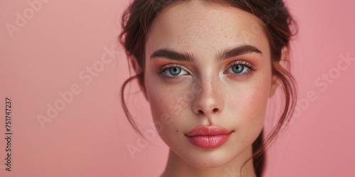 young brunette woman with smooth skin and silky hair close-up portrait pink background Generative AI