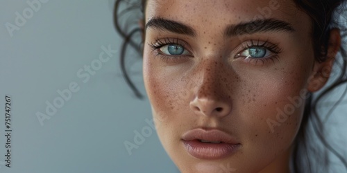 young brunette woman with smooth skin and silky hair close-up portrait Generative AI