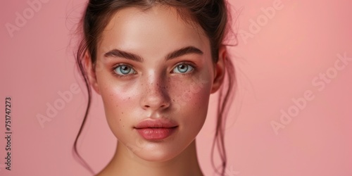 young brunette woman with smooth skin and silky hair close-up portrait  pink background Generative AI