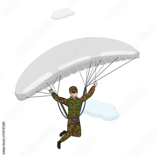 3D Isometric Flat Vector Illustration of Paratroopers, Skydivers in Khaki Military Uniform. Item 1