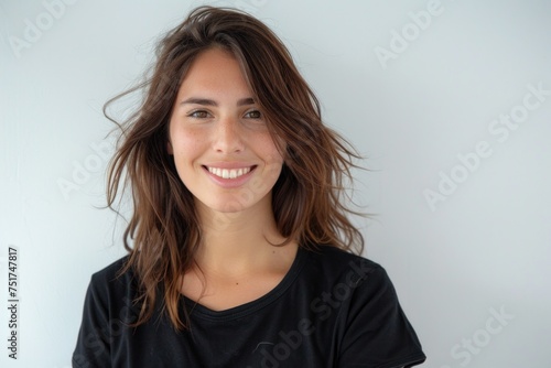 young woman in a black tank top on a white background Generative AI © València