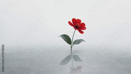 Red flower at fog, reflection water with minimal nature