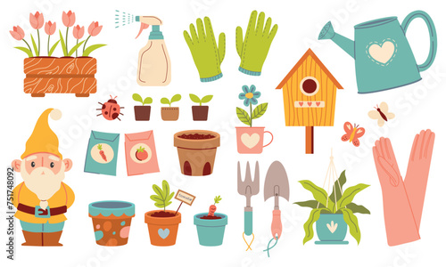 Set of garden tools. Vector isolated cute spring garden elements clay pots, flowers, seeds, gardeners tool. Agricultural and garden tools for spring work. Vector isolated on white