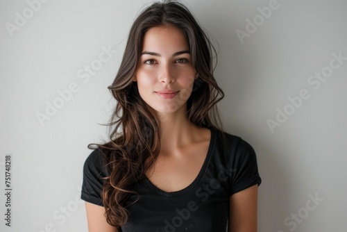 young woman in a black tank top on a white background Generative AI