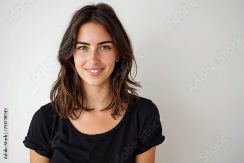 young woman in a black tank top on a white background Generative AI