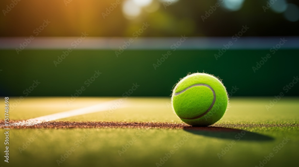 Solitary tennis ball rests on a sunlit tennis court