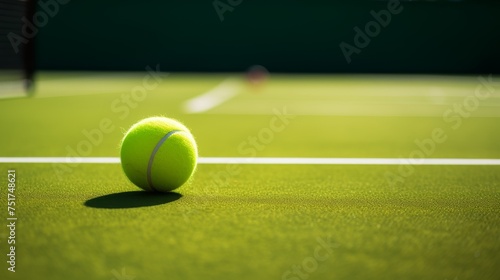 Solitary tennis ball rests on a sunlit tennis court © Media Srock
