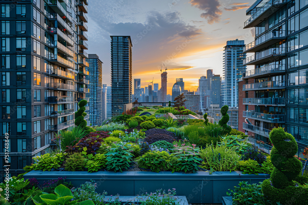 Diverse rooftop garden at dusk with urban skyline and high-rise ...