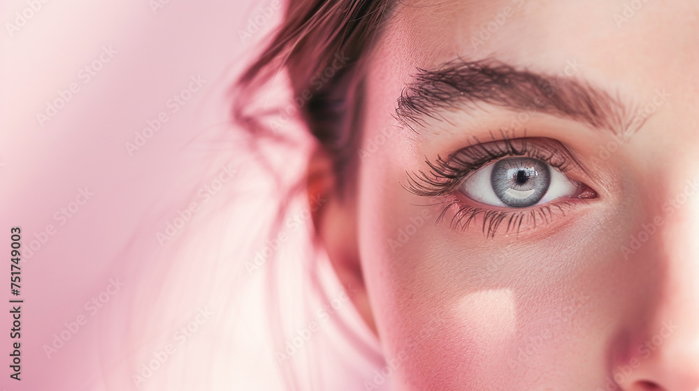 Fototapeta premium Face of young beautiful blond woman in shadows on pink background. Natural beauty skin care women's day concept