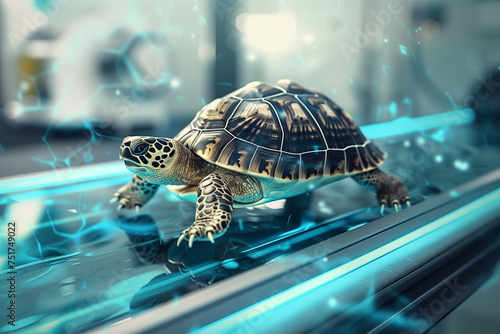 Turtle on a futuristic treadmill. A turtle is walking on a wet surface. 