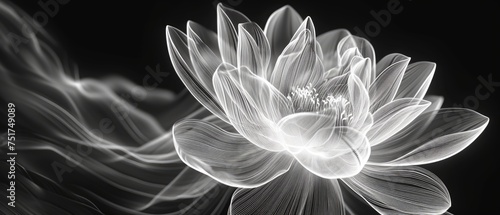 A illustration of a blooming flower with outlined in silver lines, Close-up of a white lotus flower in full bloom against a black background. Flower has five large, soft white petals 