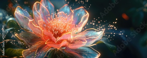 A digital artwork of a glowing flower with blue and pink petals  emitting light and surrounded by sparkles  evoking a magical ambiance.