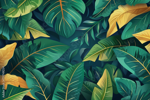 Tropical leaves background with palm and monsterra leaves.